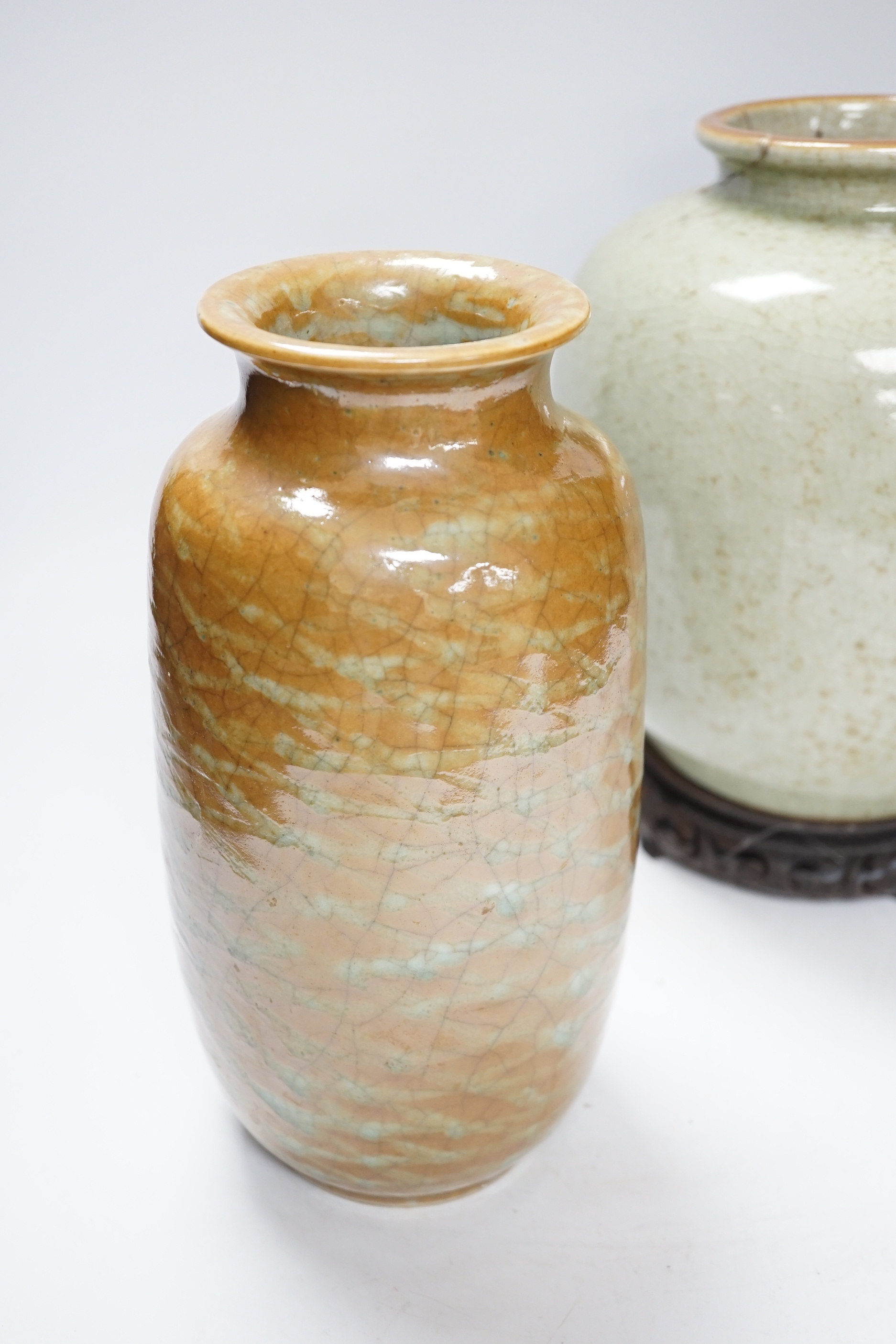 A 19th century Chinese crackle glaze vase on stand and a cafe-au-lait glazed vase, Chinese vase and stand 29cm high (2)